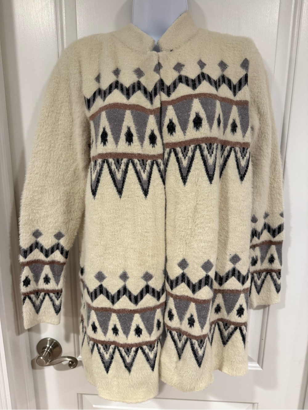 Belldini Cream Patterned Women's Aztec Cardigan with Gray and Brown Accents-soft